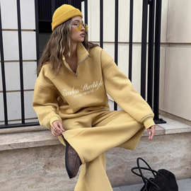 独立站字母印花长袖卫衣长裤休闲套装oversize套头衫卫裤两件套