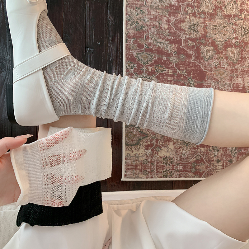 Rolled Edge Hollow-Out Solid Color Calf Socks, Spring and Summer Thin Mesh Breathable Slouch Socks, Trendy Ins-Style College Style Cotton Socks for Women Rolled Edge Hollow-Out Solid Color Calf Socks, Spring and Summer Thin Mesh Breathable Slouch Socks, Trendy Ins-Style College Style Cotton Socks for Women