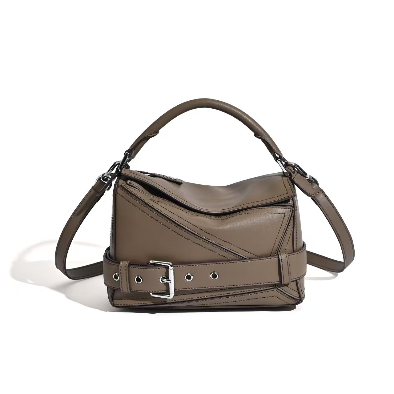 2025 Autumn Top Grain Cowhide Puzzle Geometric Motorcycle Bag Genuine Leather Women's Large Capacity Crossbody Handbag - Thumbnail 8