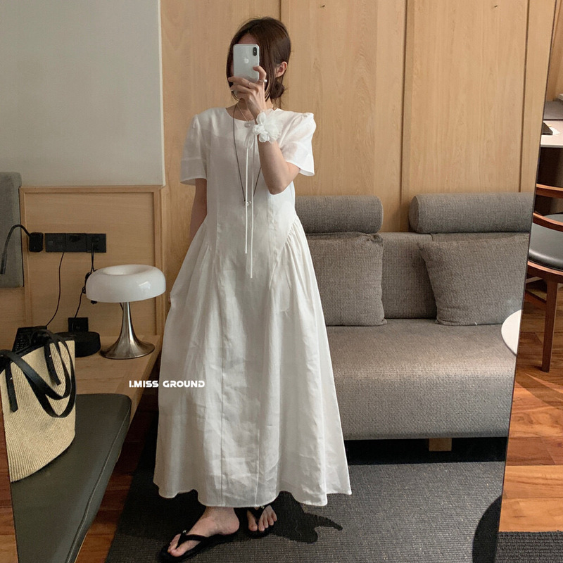 I Miss Korean Standard 2025 Summer New French Design Elegant Linen Puff Sleeve Dress Women's Long Skirt