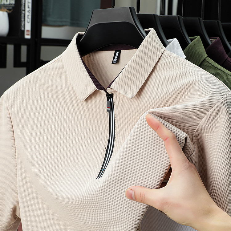 Summer Men's Short-Sleeved Ice Silk T-Shirt Zipper Decoration Young and Middle-Aged Men's Lapel Casual Trendy Tops Wholesale