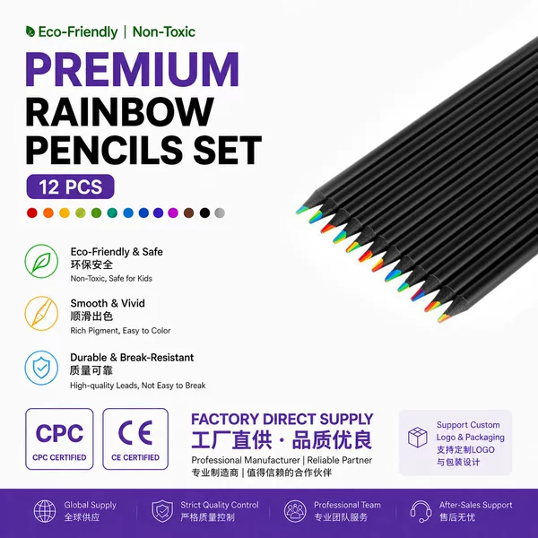Cross-Border 12-Color Rainbow Pencils with Black Barrel, 7-Color Same-Core Children's Hand-Drawn Coloring Pencils, Sharpened Version for Sketching and Drawing