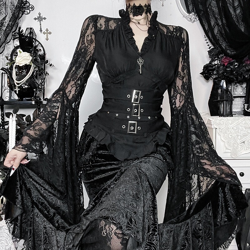 XS26026 Spring New Black V-neck Lace Patchwork Top Subculture Versatile Sexy Dark Style T-shirt XS26026 Spring New Black V-neck Lace Patchwork Top Subculture Versatile Sexy Dark Style T-shirt