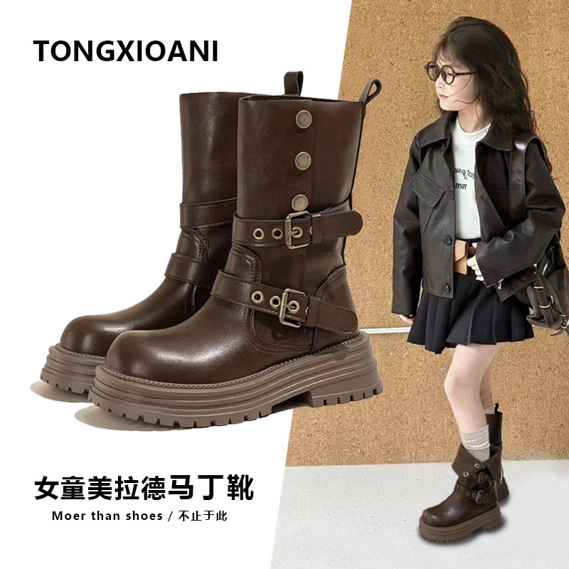 Girls' Boots 2025 New Autumn and Winter Kidsren's Boots Girls' Medium and Large Kidsren's Boots Princess Fleece-Lined High Leather Boots