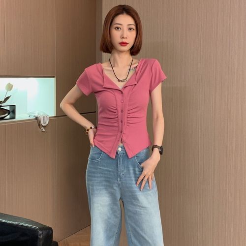 Folded Collar Mini Tank Top Unique Design with Slits V-neck Sweet and Spicy 2025 Short-sleeve T-shirt for Women Summer Stylish Short-sleeve Top