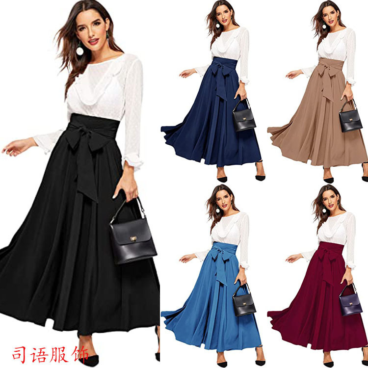 2021 Autumn Amazon Cross-Border European and American Style Skirt Elegant High Waist Skirt Front Lace-Up Pleated Long Skirt