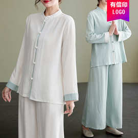 新款 夏季新款棉麻太极服宽松练功服套装禅意居士服两件套
