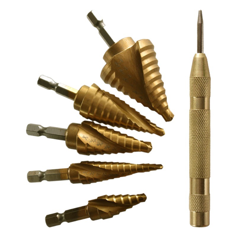 6 unids británico pagoda taladro de mano broca de perforación traje Centro Punch combinación herramienta hexagonal espiral paso Taladro