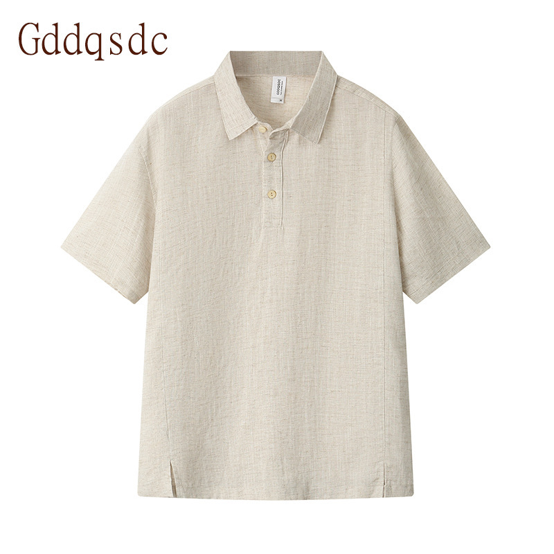 Gddqsdc Linen Shirt Men's 2025 Summer New Short-Sleeved Loose Thin Pure Color Lapel Cotton and Linen T-Shirt