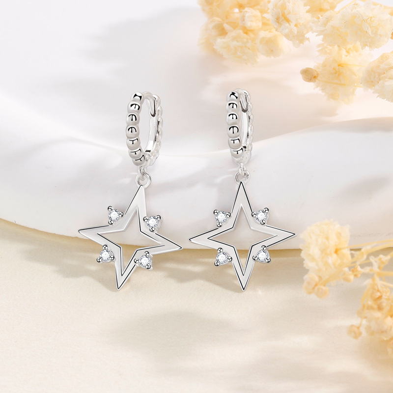 S925純銀十字星星耳扣女百搭精緻自然森系氣質歐美跨境熱賣耳飾女