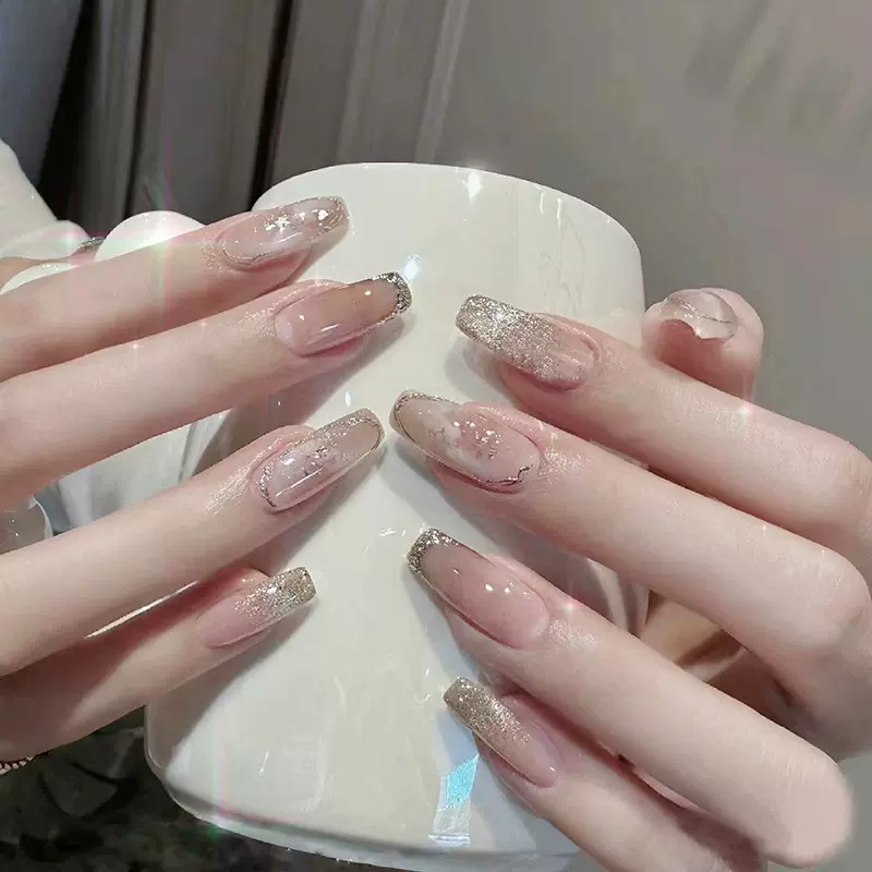 法式美甲芭蕾甲冰透穿戴甲片晕染穿戴甲可拆卸指甲贴片假指甲24片