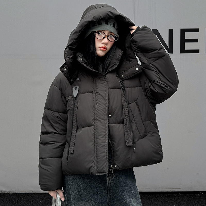 Europa americana ropa de algodón corta mujer invierno 2025 nuevo estilo de moda con capuzas curry grueso chaqueta de algodón
