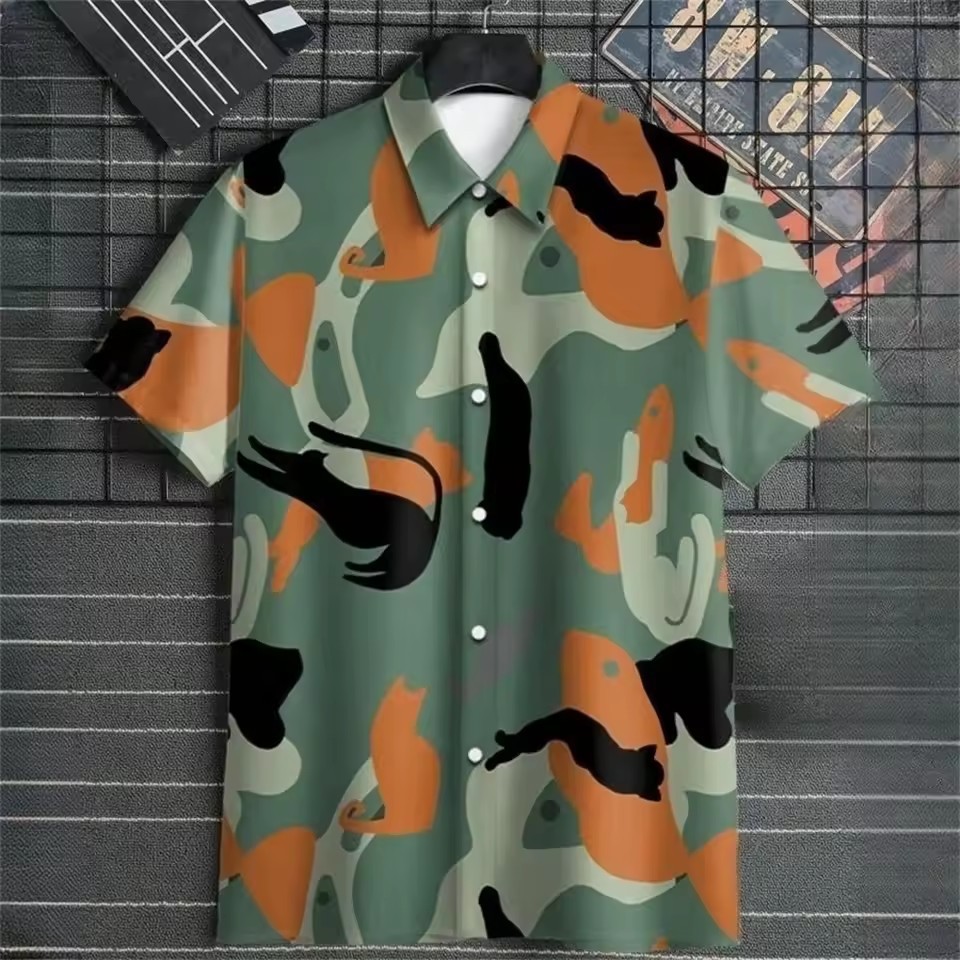 Camisa hawaiana de solapa de un solo pecho de manga corta suelta para hombre, estampado geométrico simple en color de contraste 3D