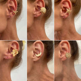 欧美跨境度假风海星贝壳c形耳夹earring 简约ins金属花朵月亮耳饰
