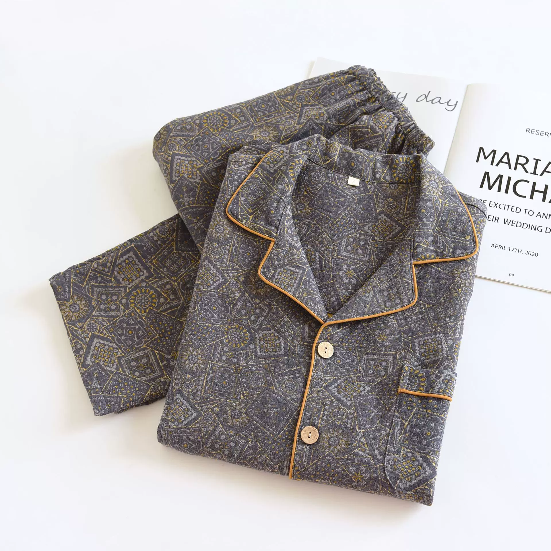 新款色织水洗棉复古男士睡衣双层纱家居服四季薄款大码长袖长裤