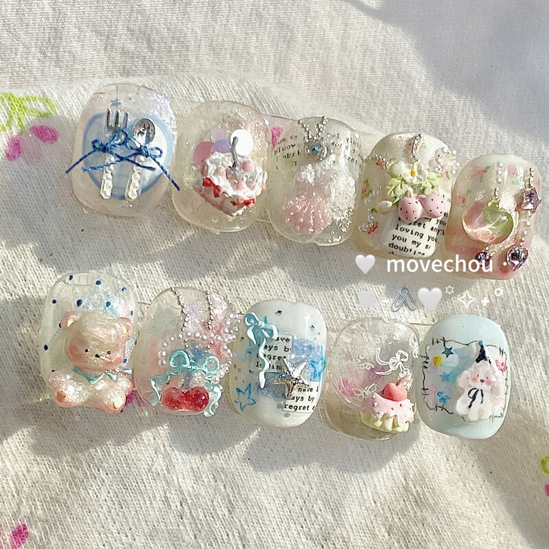 Korean Style Short Nail Dessert Bear Rococo Style Manicure Mold Retro Rabbit Girl Art Elements Cute and Practical