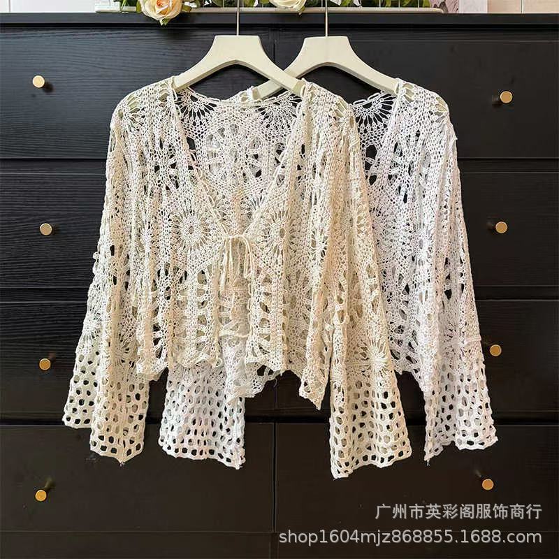 Summer Thin Knitted Knitwear for Women, Embroidered Cut Out Long-Sleeved Beach Clothes, Women's Tops, Lace-Up Jackets, Versatile Outerwear