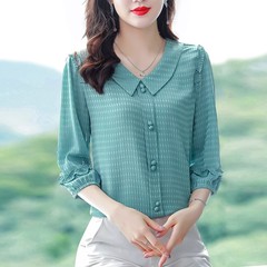 女士高档衬衫七分袖衬衫女夏装2025新款遮肚子上衣娃娃领中袖衬衫
