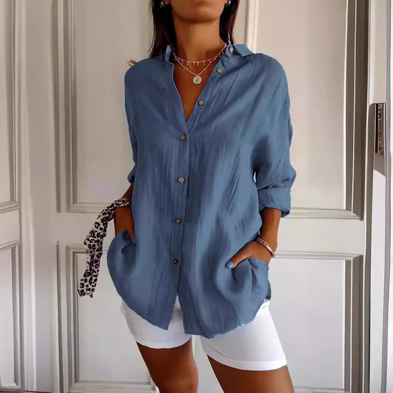 2024 New Single-breasted Pleated Lapel Shirt Independent Station Explosions Women's Solid Color European and American Sleeve Top