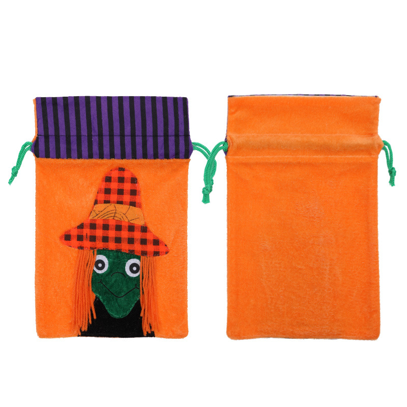 Halloween cross-border new drawstring pocket cartoon velvet pumpkin bag candy bag children's gift party decoration