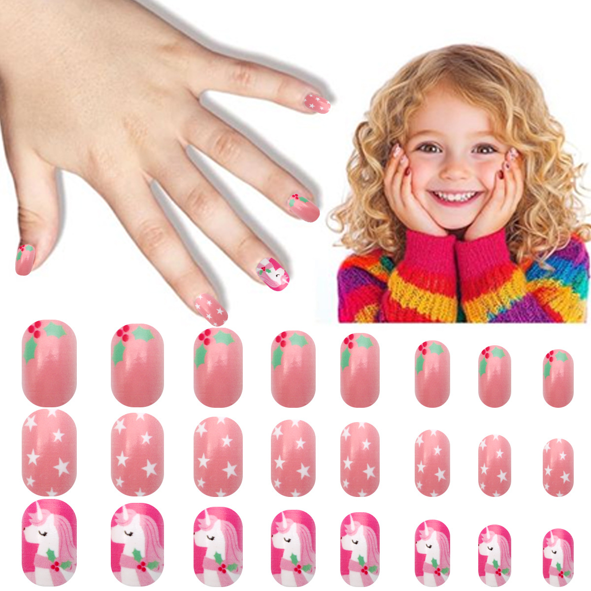 Juego de 24 piezas de uñas postizas para niños con diseño de dibujos animados, desmontables con adhesivo y exquisito diseño.