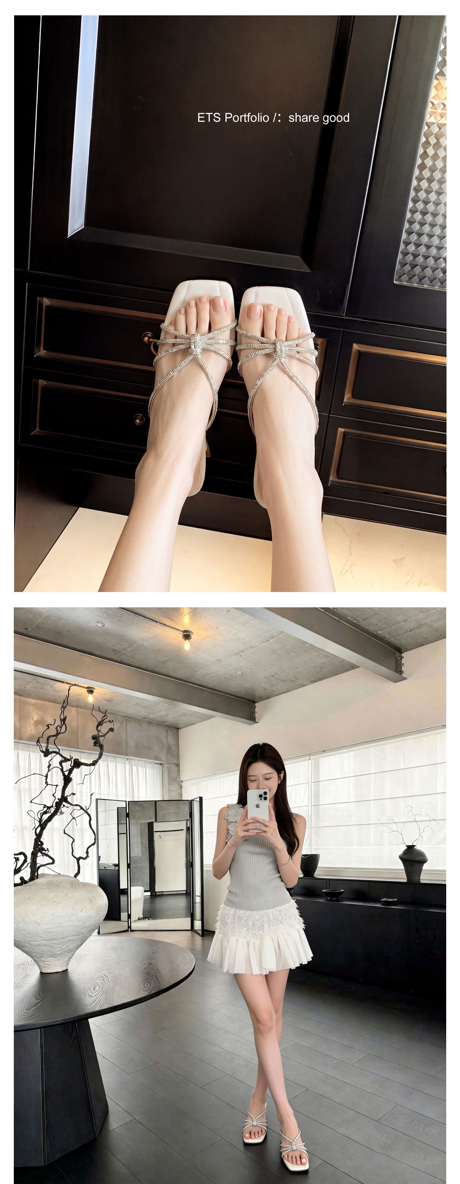 Sandal cao gót nữ mũi vuông quai ngang đính đá pha lê gót xuồng 9 cm — màu đen, màu trắng ngà, màu nude chi tiết 31