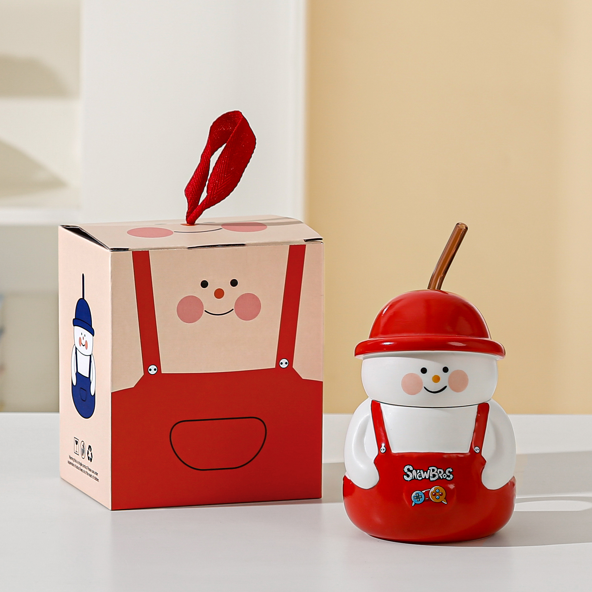 Personalidad creativa de dibujos animados muñecos de nieve hermanos taza de paja de alta cara de cerámica acompañante regalo de mano taza de marca taza de Navidad transfronteriza