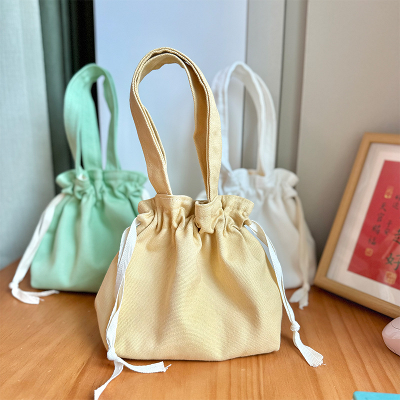 简约日式彩色带饭盒袋手提大号大容量便当包手拎包帆布抽绳布袋