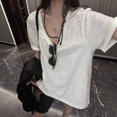 100水洗い竹節綿露骨大Uネックゆったり半袖tシャツ女