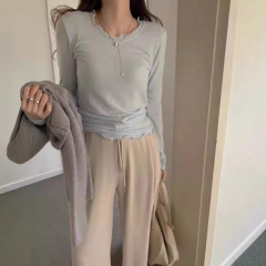 Now H Korean Pretty Young Thing 同じ秋無地多用途木耳長袖ボトムシャツ女性用