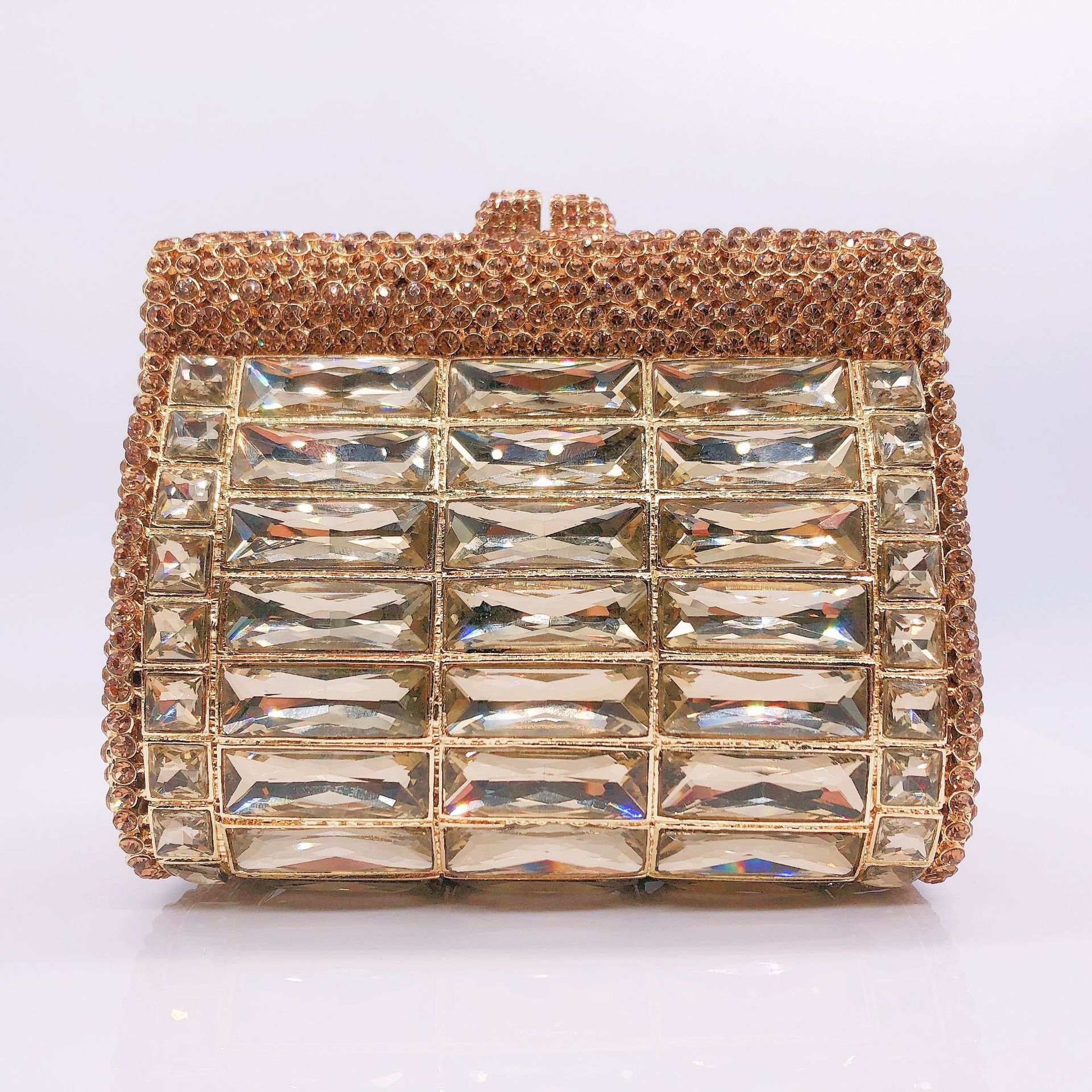 Túi clutch nữ đính đá dạ hội kim loại phong cách châu Âu — vàng, vàng ab, bạc ab, bạc
