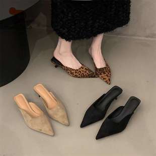 Dryworld French Kitten Heel Leopard Print High Heels Toe Half Slippers Women's Shoes Spring & Fall Suede Half Slippers