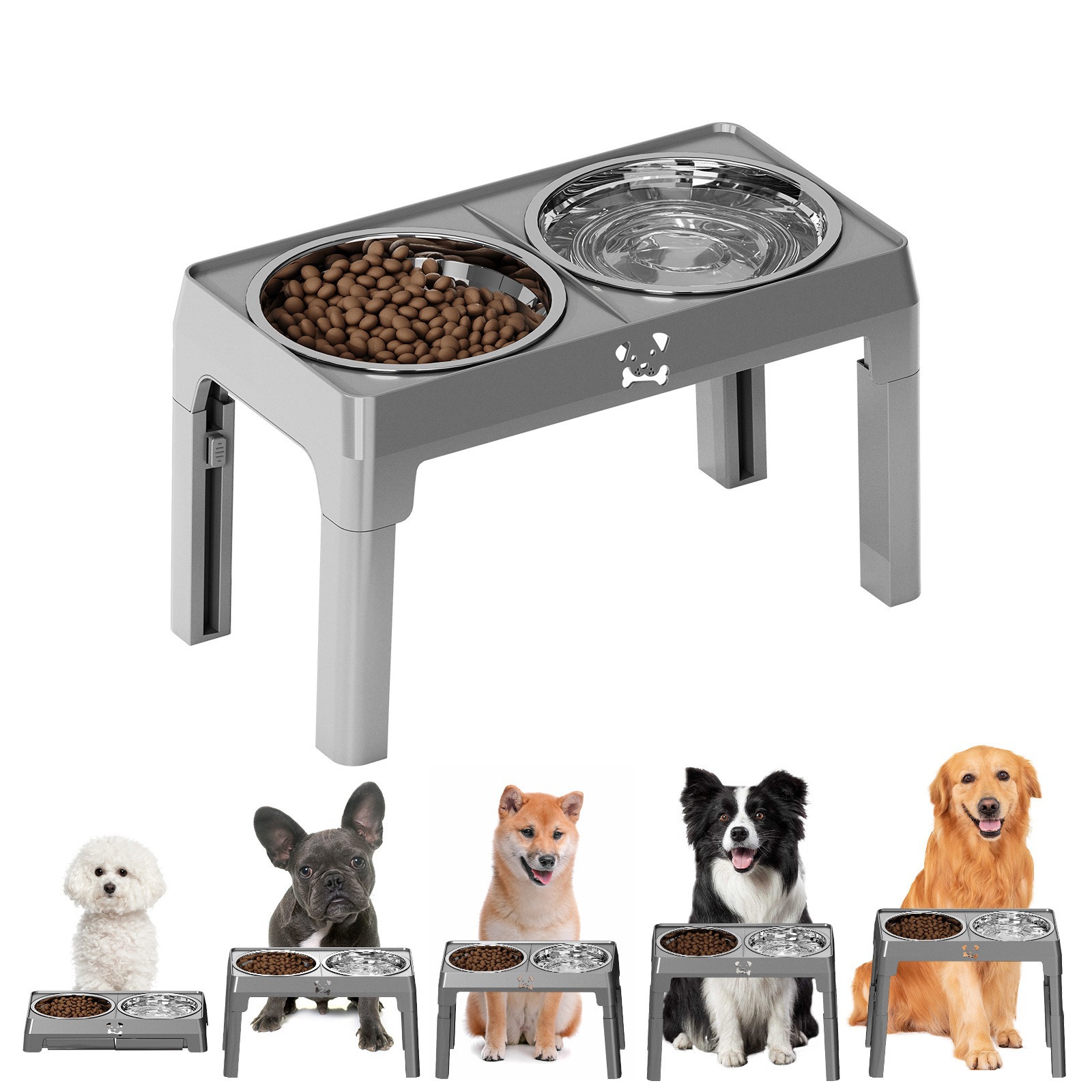 Tazón de acero inoxidable para perros, doble tazón, pie alto anti-derribe para mascotas, soporte de tazón plegable, cuello ajustable, tazón de comida para gatos