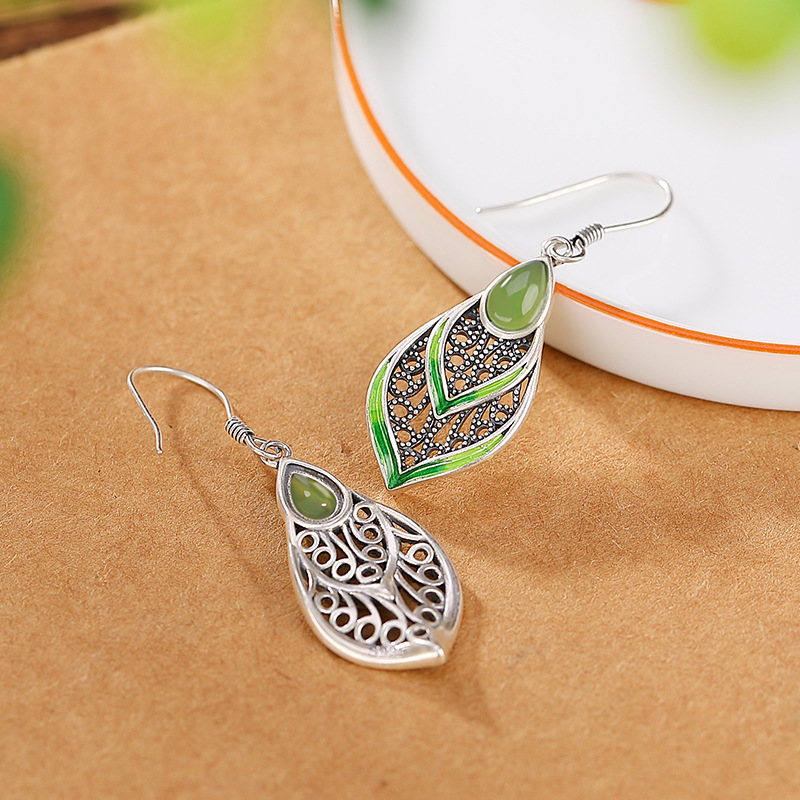 Bông tai giọt nước tráng men ngọc bích phong cách Bohemian bạc S925 — Một cặp