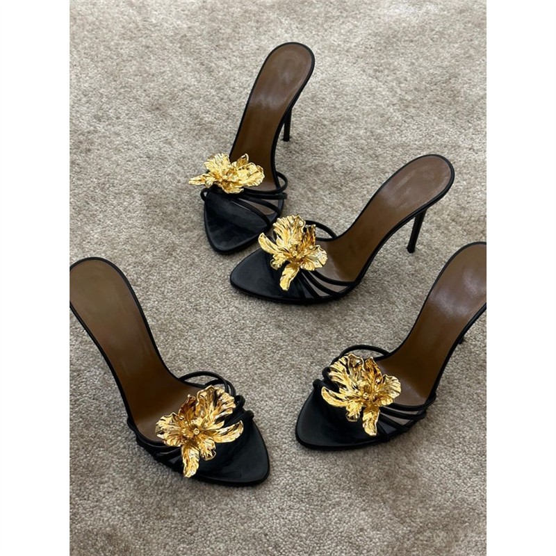 2026 New Summer Metal Flower French Style Exquisite Fashion For Women, Thin Heel High Heels, Black Sandals_vogvips.com