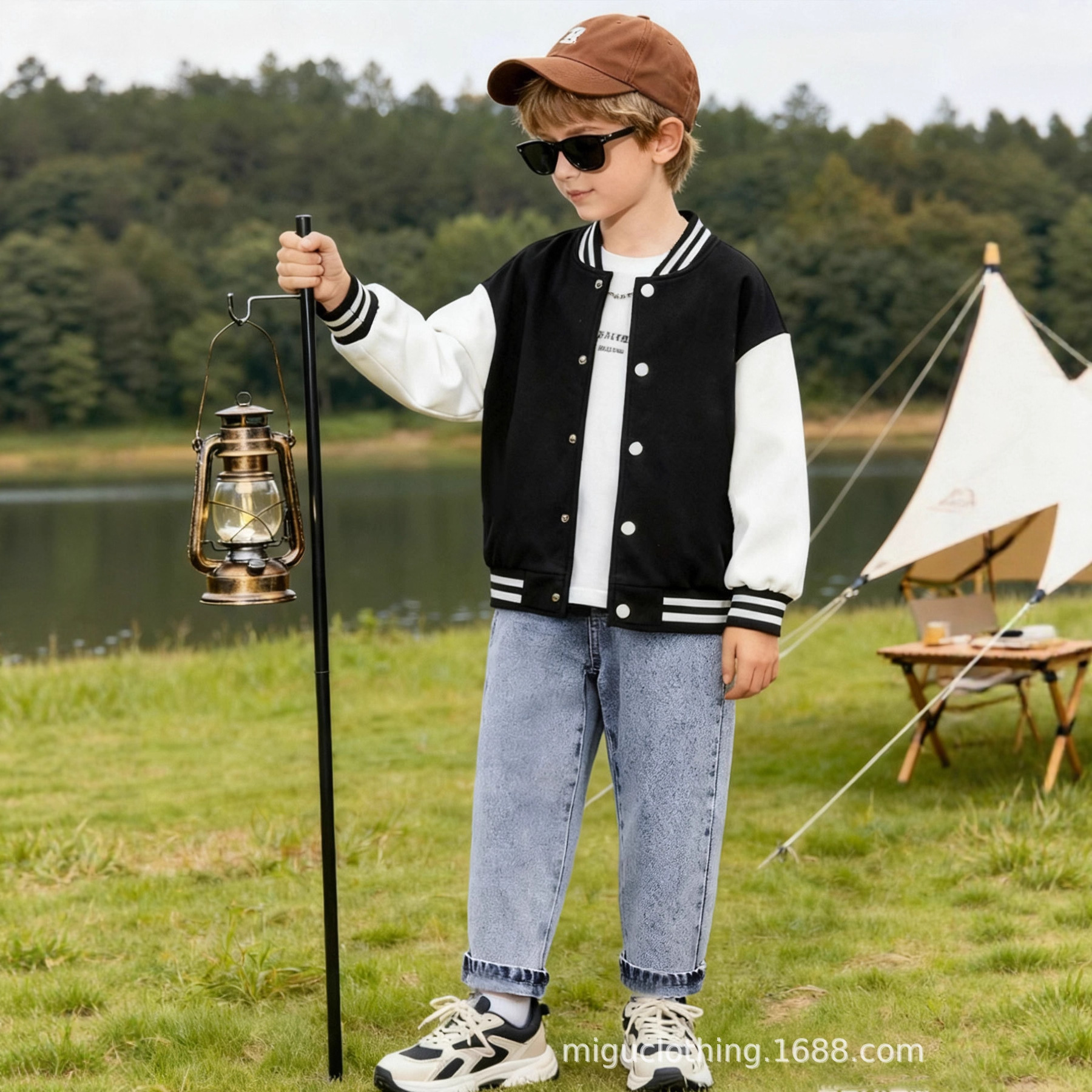 儿童薄款美式复古长袖拼接棒球服+牛仔直筒阔腿裤套装