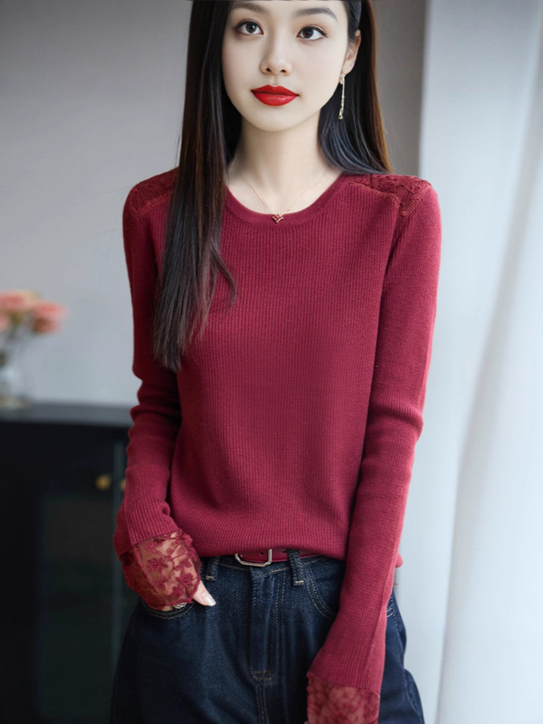 法式蕾丝钩花miu系针织衫女圆领修身毛衣25新款内搭女装打底上衣|undefined