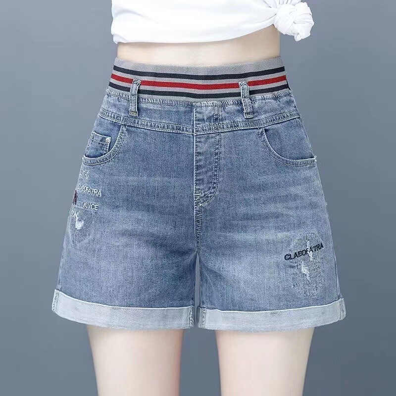 High-Waisted Denim Shorts for Women 2026 Summer New Style Plus Size Elastic Straight-Leg Slimming Cuffed Thin Wide-Leg Pants