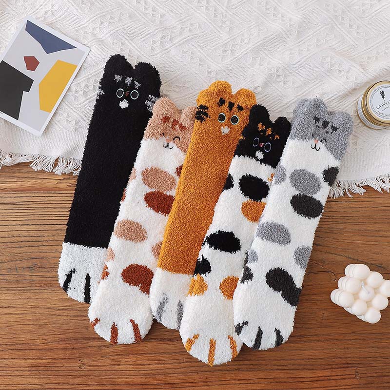 Women's Slipper Socks, Home Coral Fleece Socks, Cat Paw Sleep Socks, Winter Plush Fluffy Mid-Calf Socks, Women's Christmas Socks Gift