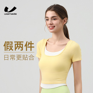 Korean Yoga Wear T-Shirt Fake Two-Piece U-Neck Sports Short-Sleeved T-Shirt Summer New T-Shirt Outer Wear Yoga Slim Fit