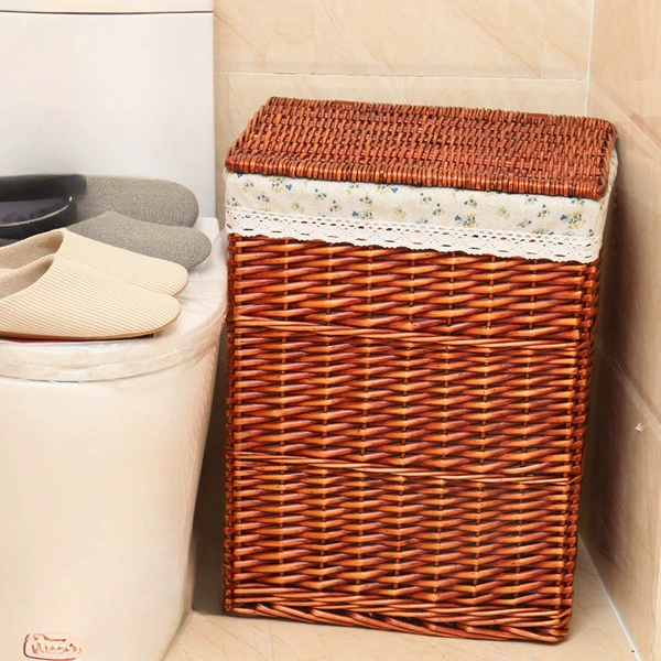 Brown basket with lid, floral lining - whole willow lid