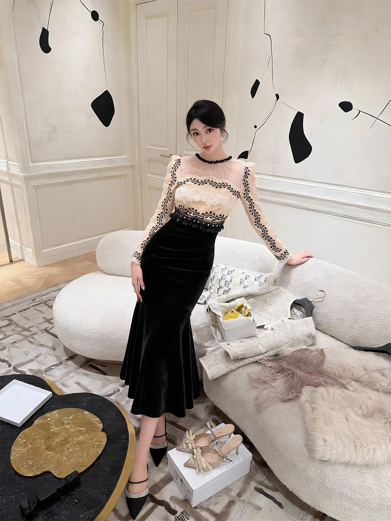 Đầm ôm body nữ phong cách Pháp cổ tròn đính đá, tay lưới xuyên thấu, dáng dài — đen chi tiết 6