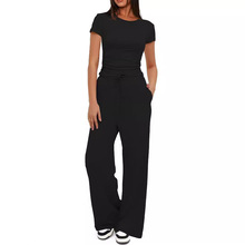 2024亚马逊新款女式两件套夏季短袖褶皱上衣休闲运动裤Y2K搭配套