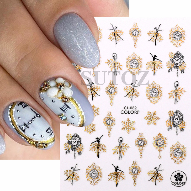 Cross-border new 3D nail art stickers gilded countdown clock snowflake skirt elk Christmas art nail stickers nail