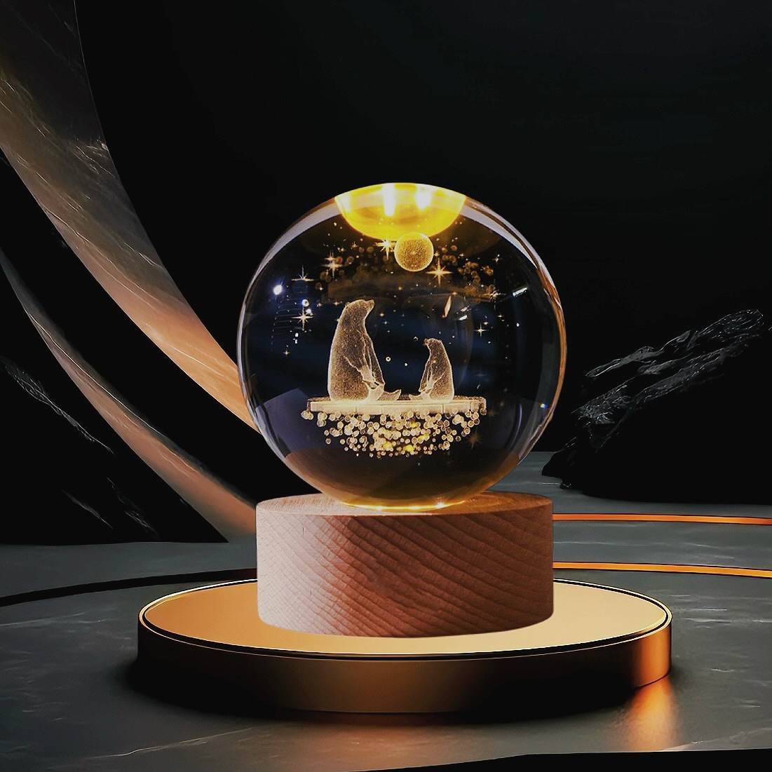 Lámpara de Noche de Cristal con Diseño de Cielo Estrellado 3D, Regalo Navideño, Base Redonda de Madera Luminosa, Lámpara de Mesa, Adorno, Regalo de Navidad
