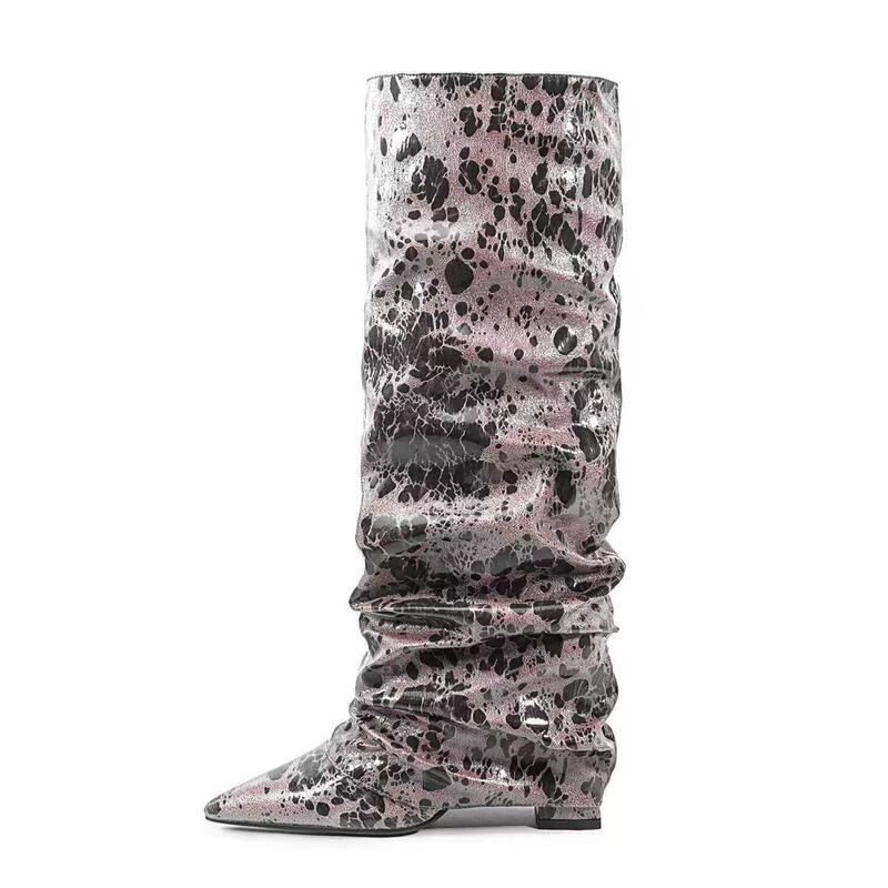 European and American Style Pointed-Toe Pleated Stacked Boots for Women, Over-The-Knee Long Boots with Metallic Shine, Snake Print, Chunky Heels, Fashionable and Versatile Knee-High Boots
