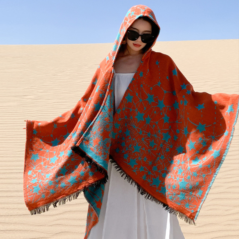 Sombrero de estilo nacional retro bufandas de moda capas grandes capas al aire libre para tomar fotos con un patrón de estrellas