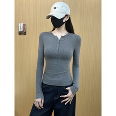 半开领打底衫女修身内搭长袖t袖v领设计感单排扣正肩显瘦辣妹上衣
