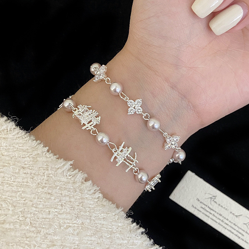 Manta Rose Shijia Pearl Braided Full Zirconium Four-Leaf Flower Beaded Bracelet Women's Light Luxury High-End Exquisite Hand Accessories