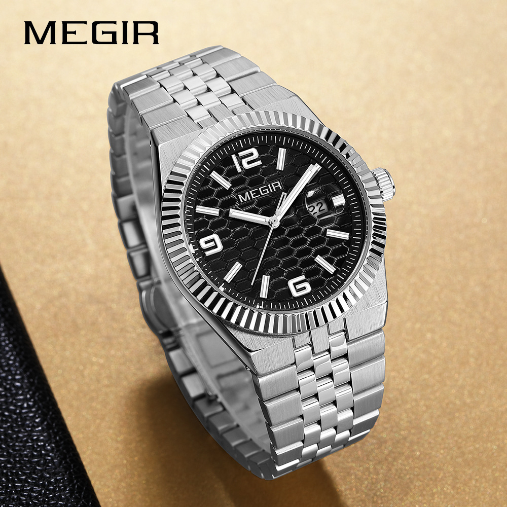 Megir New Land Angel Men's Luminous Calendar Waterproof Solid Steel Band Business Calendar Watch Quartz Watch